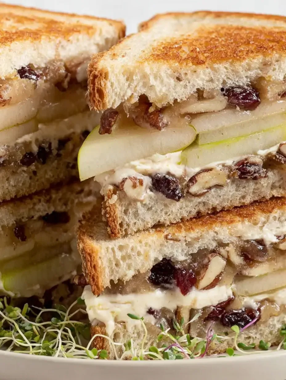 A stack of sandwiches with pear and almonds.
