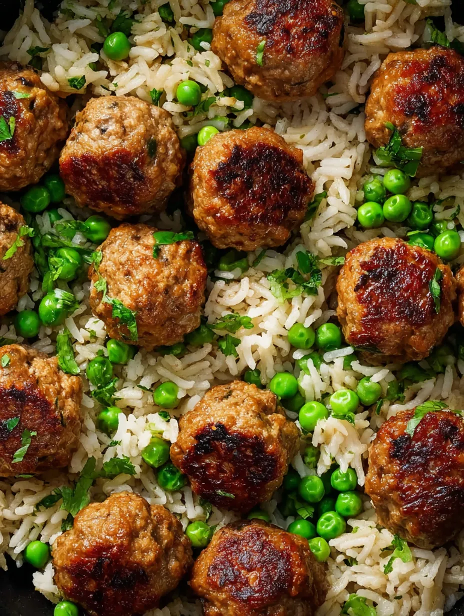 Meatballs and rice in a skillet.