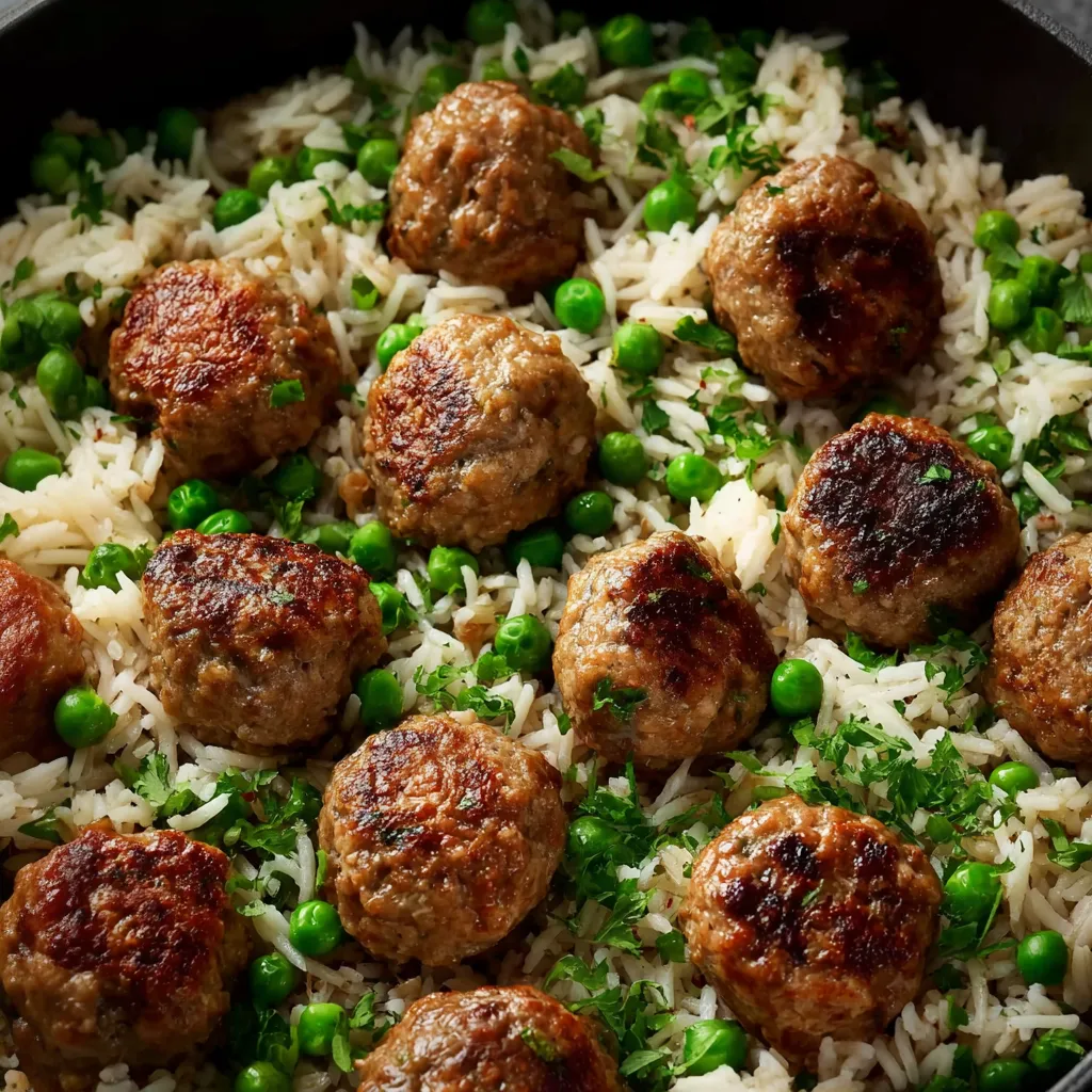 A skillet of meatballs and rice.