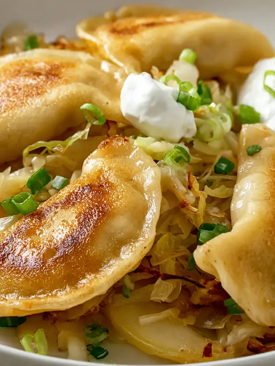 Pan fried pierogi with cabbage and apples.