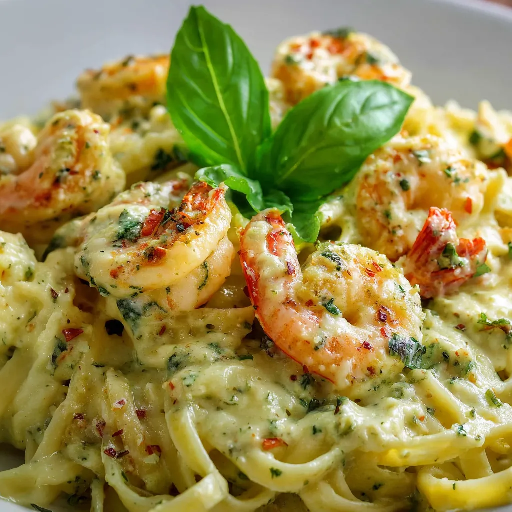 A plate of shrimp pesto pasta.