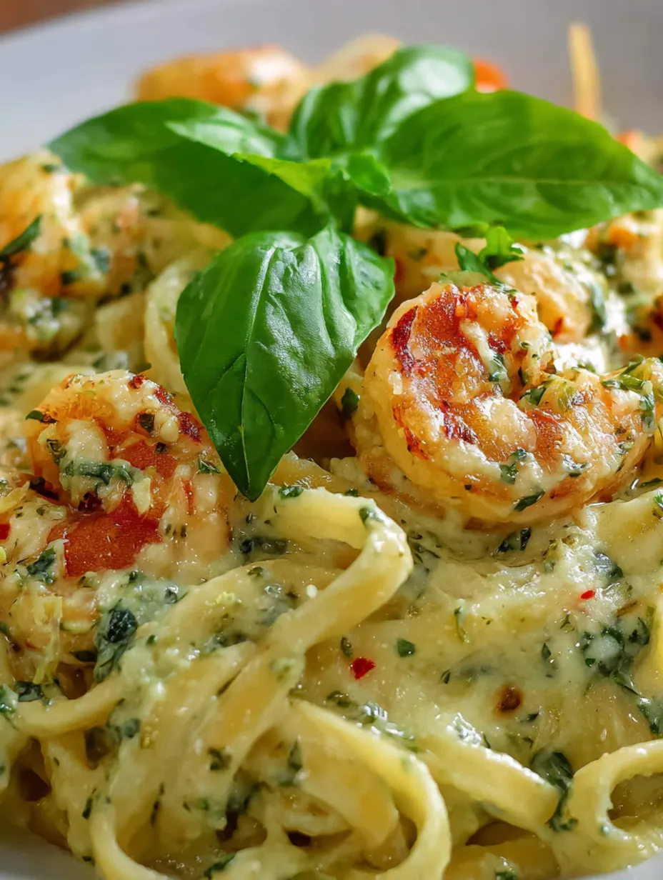 A plate of shrimp pesto pasta with a green leaf on top.