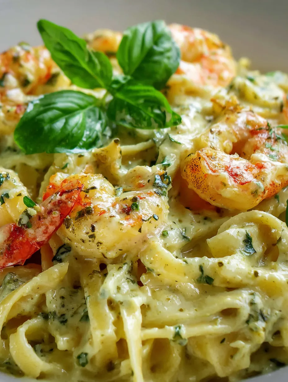 A dish of shrimp pesto pasta.