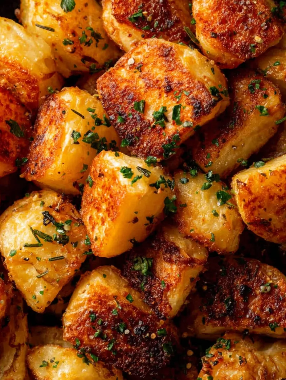 A close up of crispy roast potatoes.