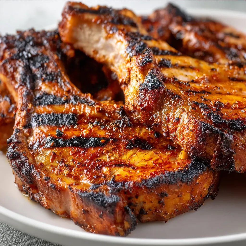 A plate of smoky grilled pork chops.