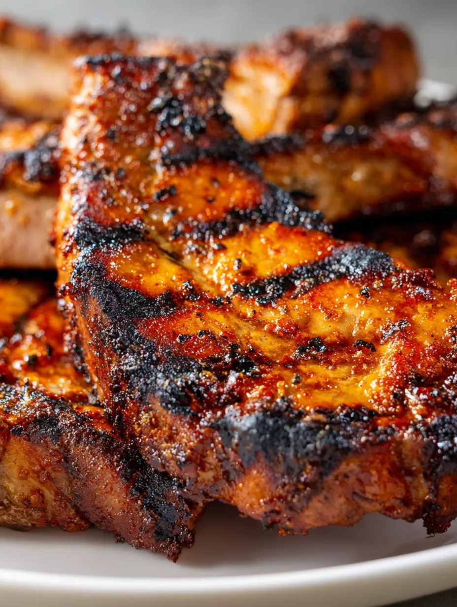 Smoky grilled pork chops on a plate.