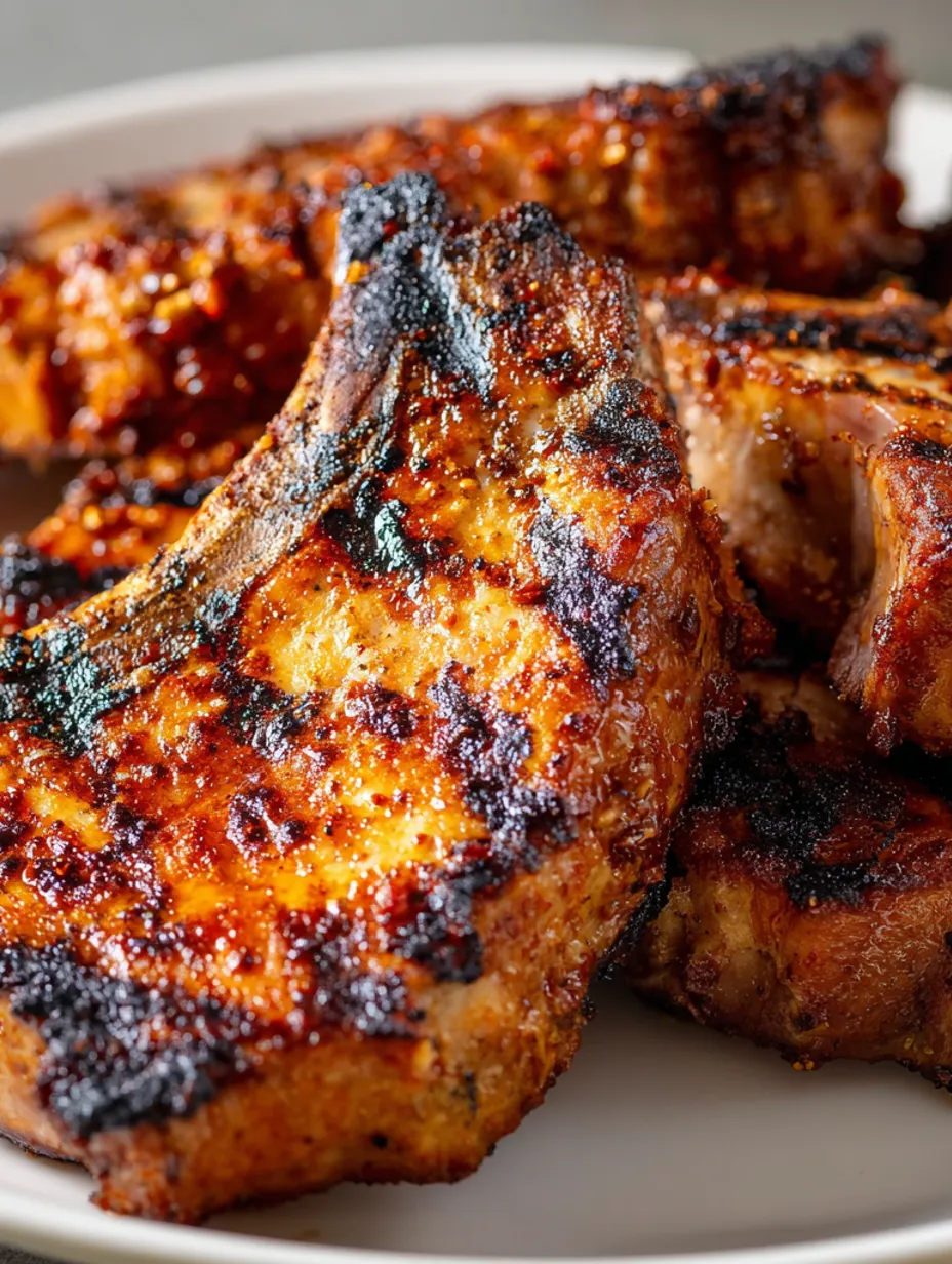 Smoky grilled pork chops on a plate.