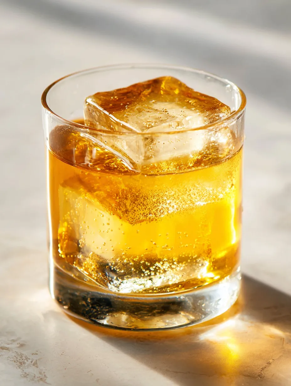 A glass of Godfather cocktail with ice.
