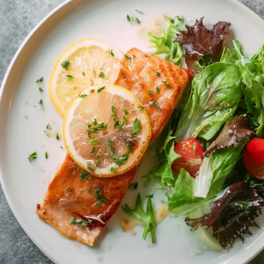 A plate of cooked salmon with lemon and herbs.