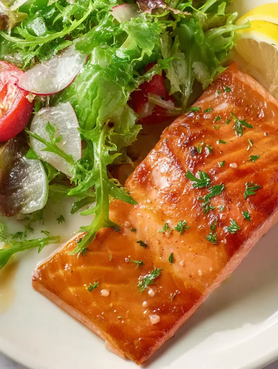 A cooked salmon recipe with a side of salad.
