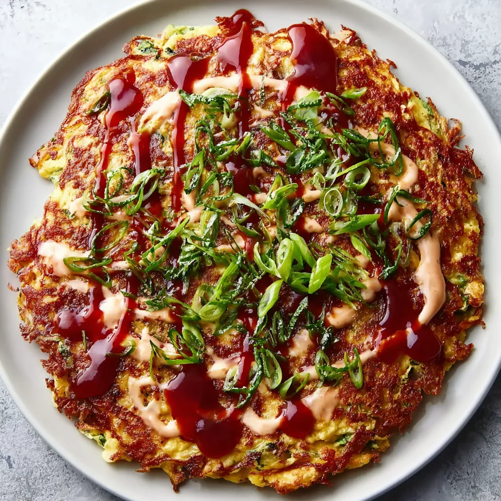 A Japanese cabbage pancake with sauce.