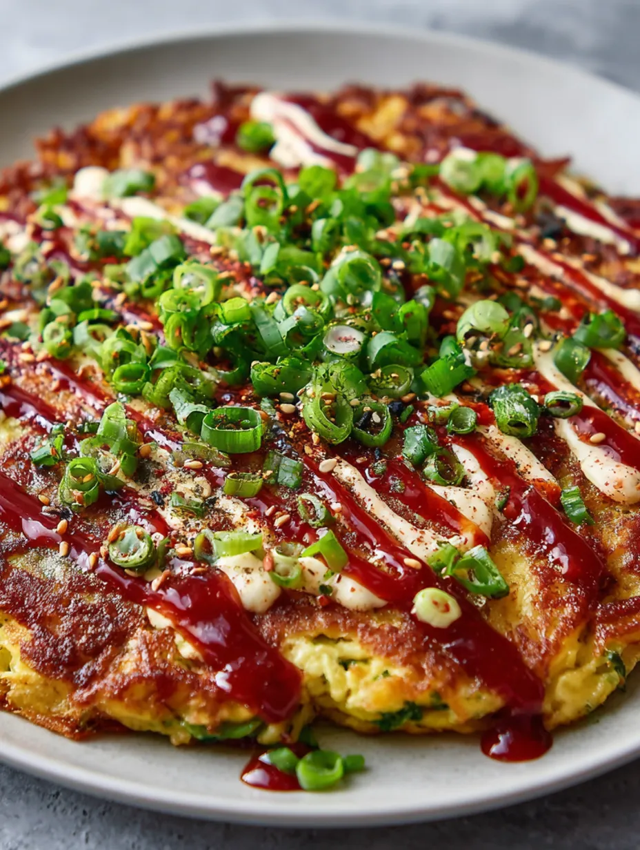 A Japanese Cabbage Pancake with red sauce.