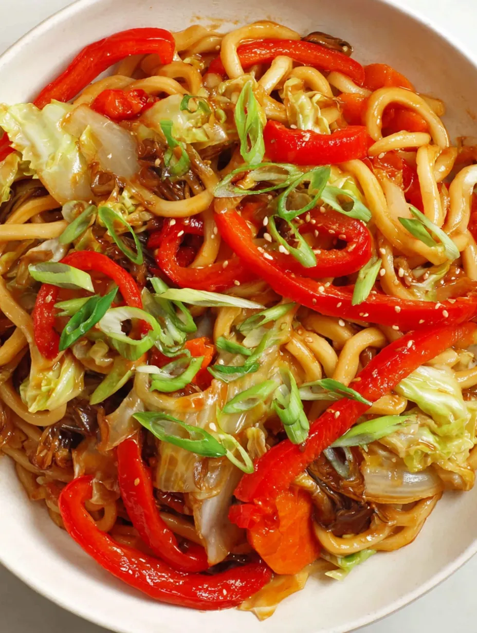 A bowl of stir fry with noodles, peppers, and onions.