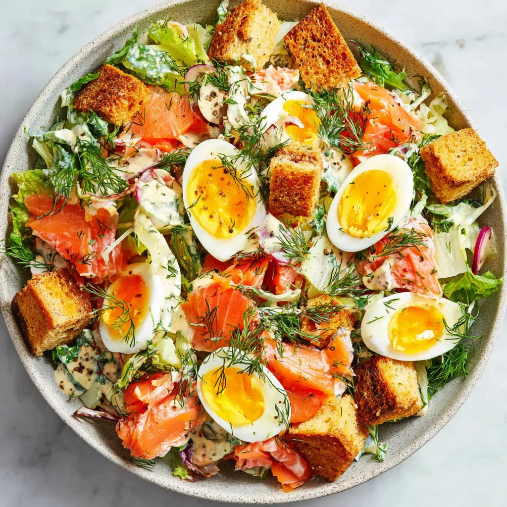 A plate of smoked salmon salad with rye croutons.