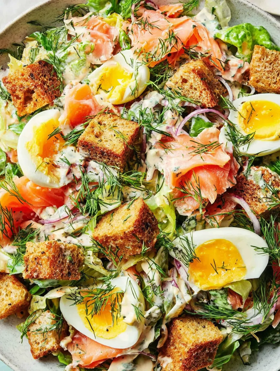 A salad with eggs, salmon, and croutons.