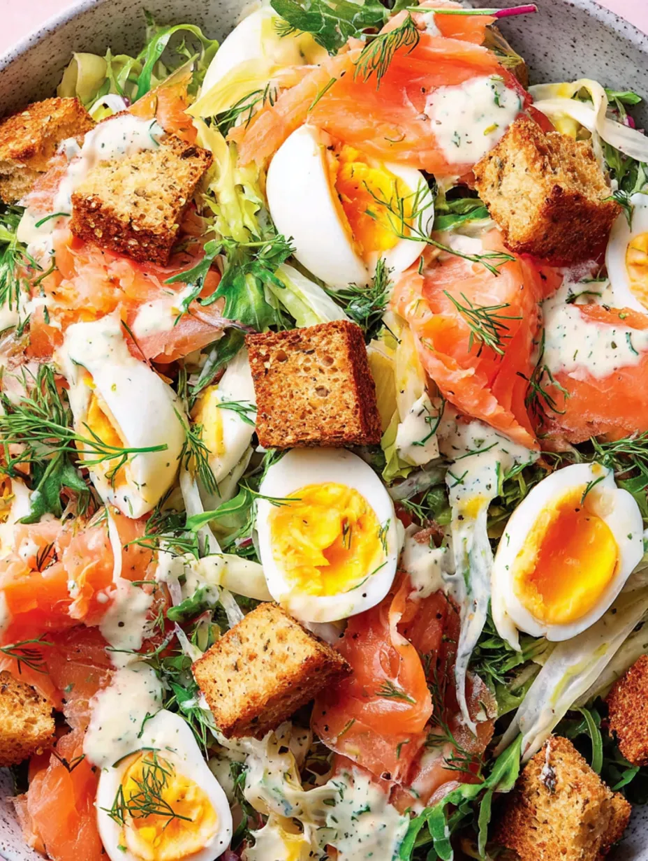 A salad with eggs, salmon, and croutons.