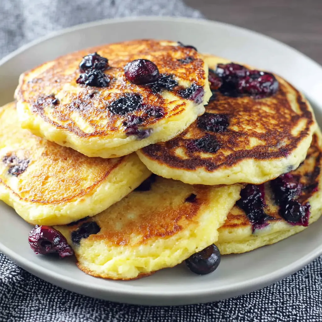 A stack of pancakes with blueberries on top.