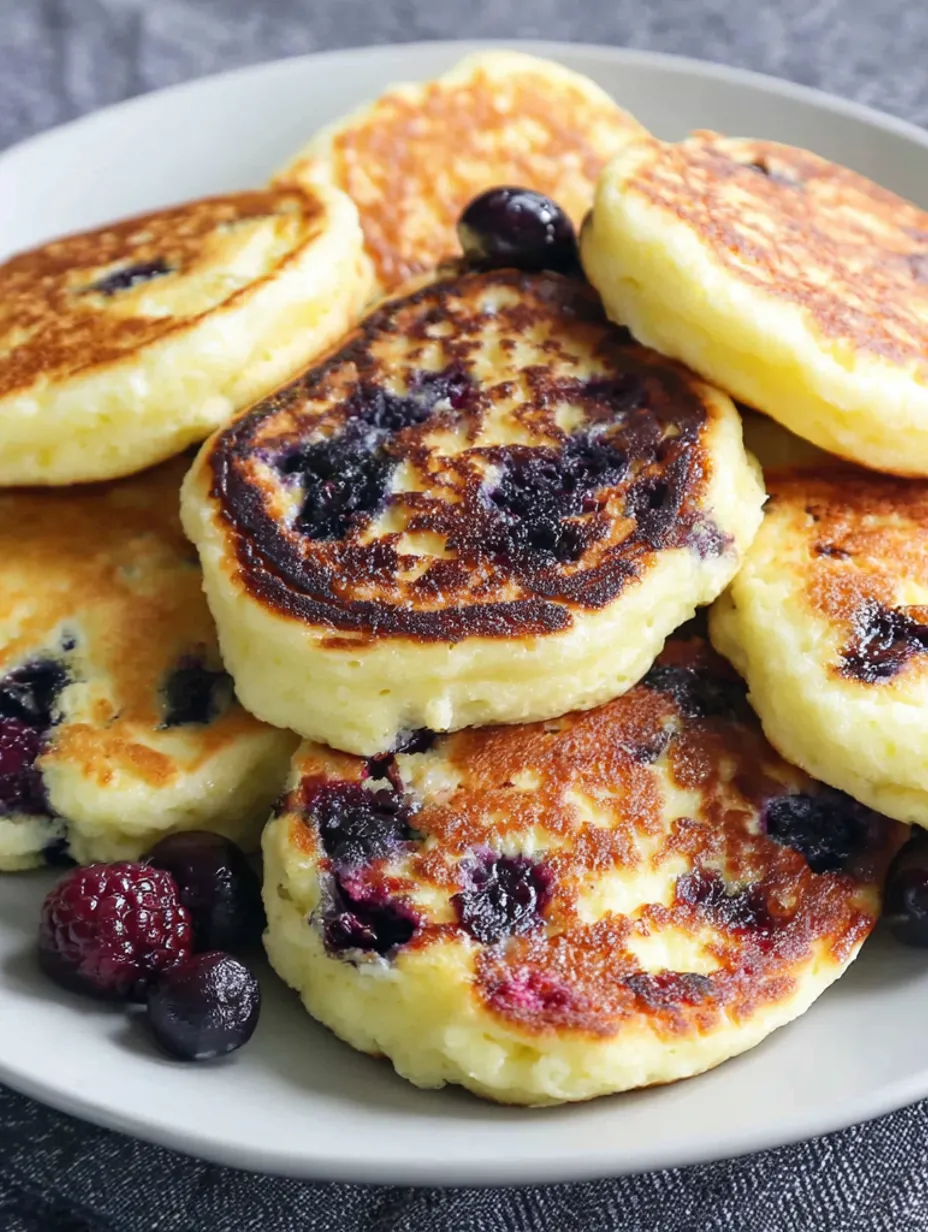 A stack of pancakes with blueberries on top.