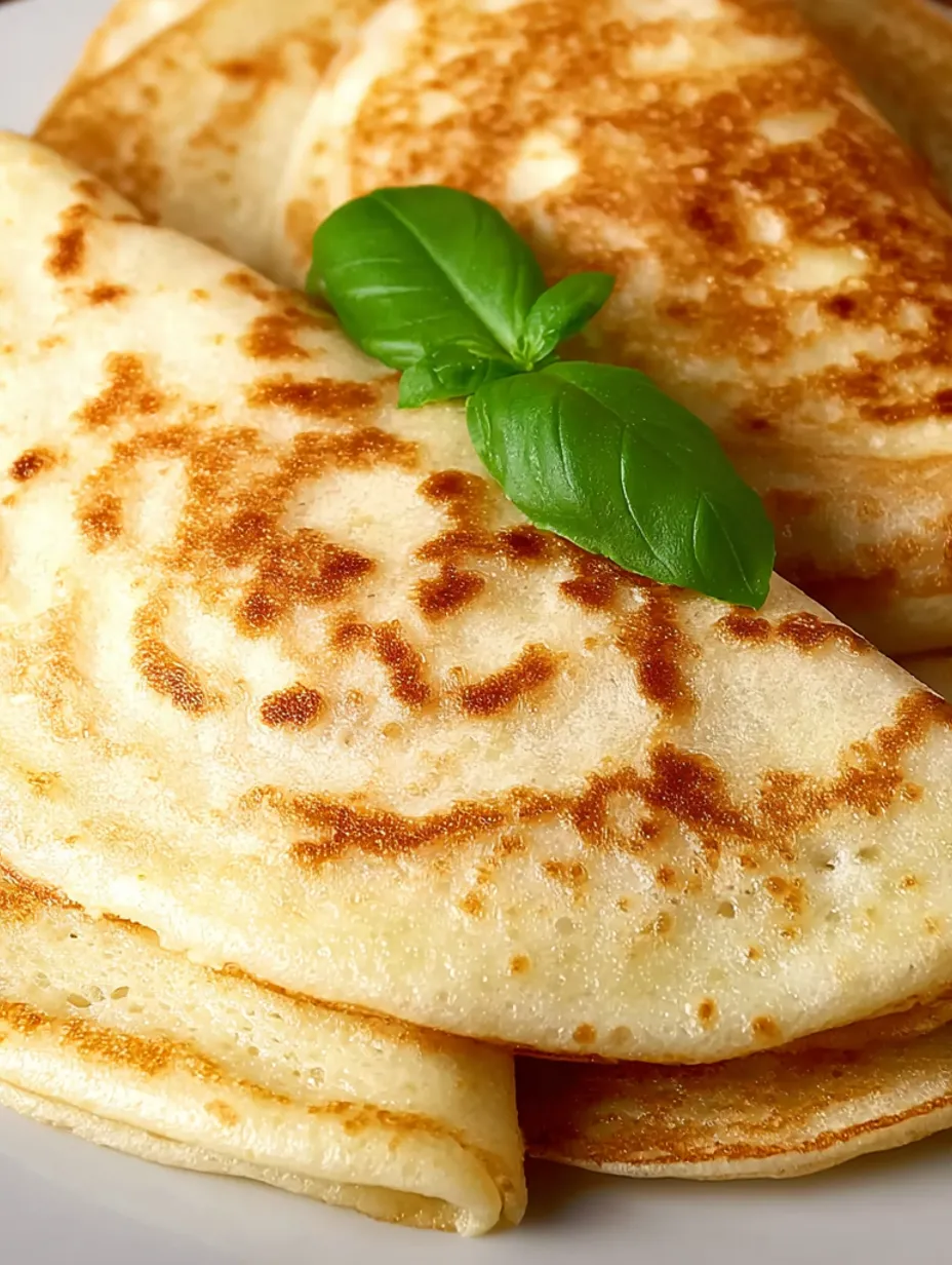 A stack of cheese pancakes with a green leaf on top.