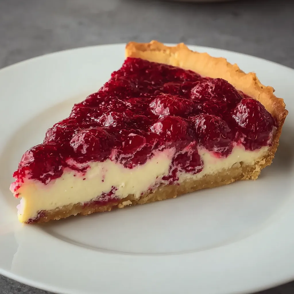 A slice of a raspberry and mascarpone cream tart.