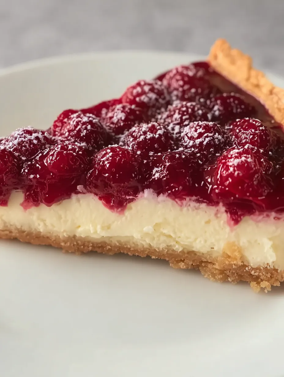 A slice of raspberry and mascarpone cream tart.