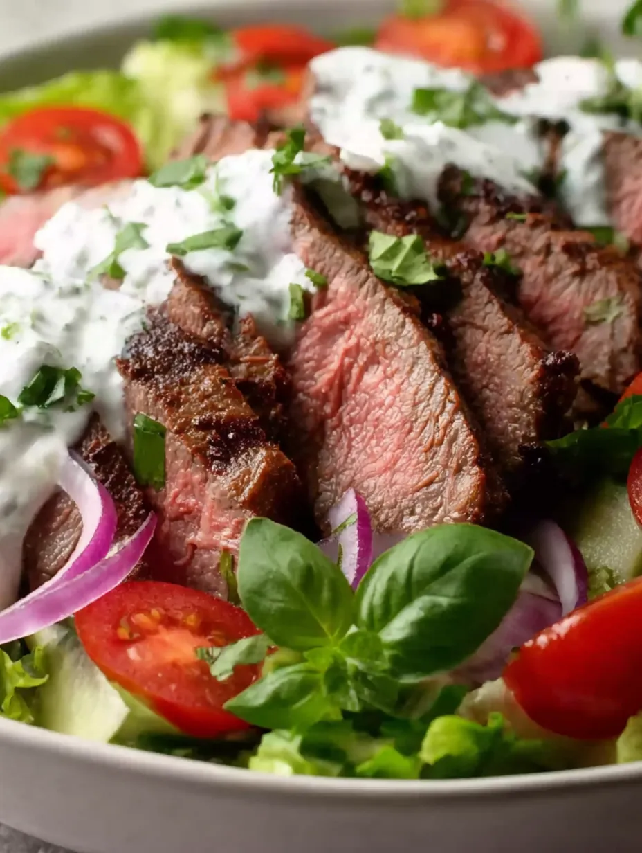 A grilled steak salad with tzatziki sauce.