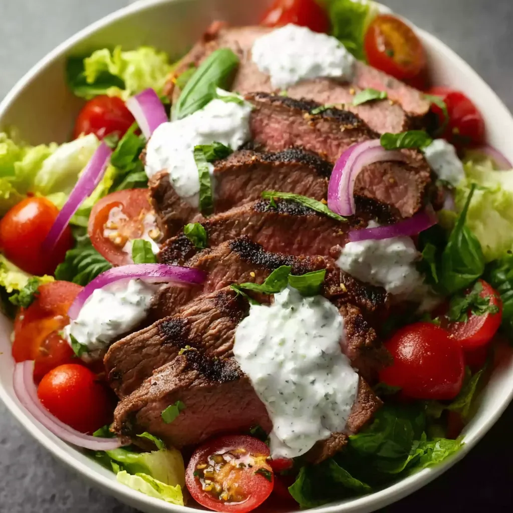 A bowl of grilled steak salad with tzatziki sauce.