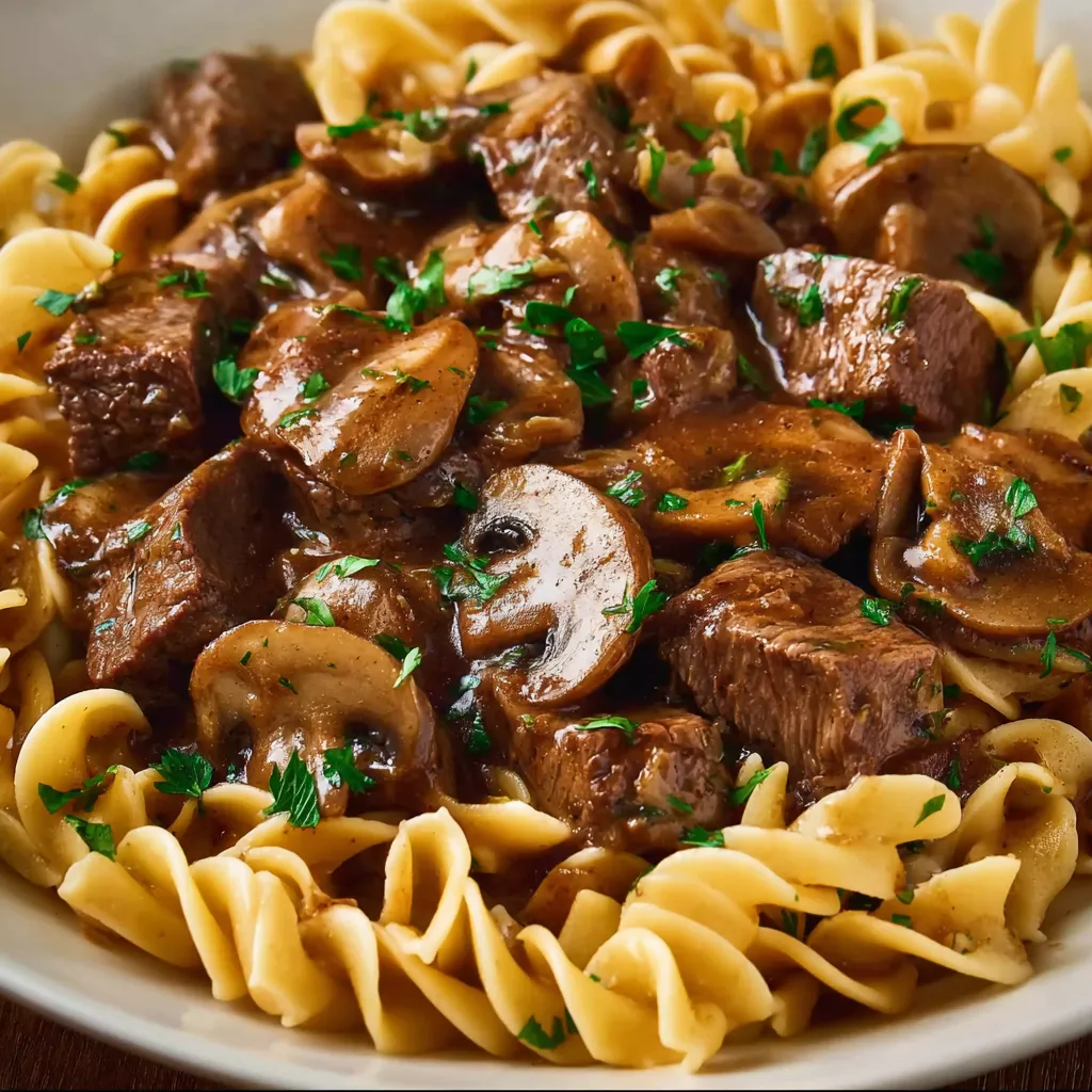 A plate of beef and noodles.