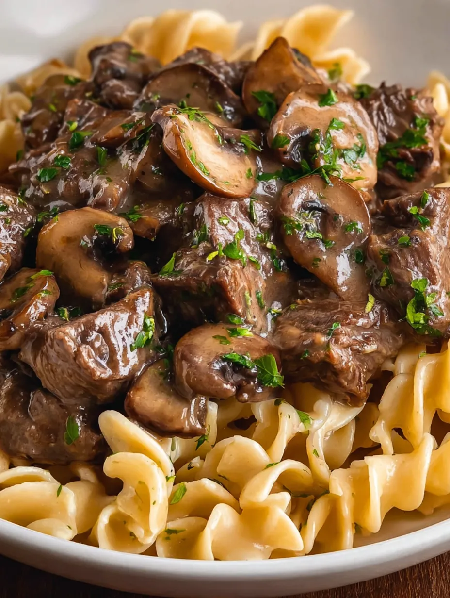 A plate of beef and noodles.