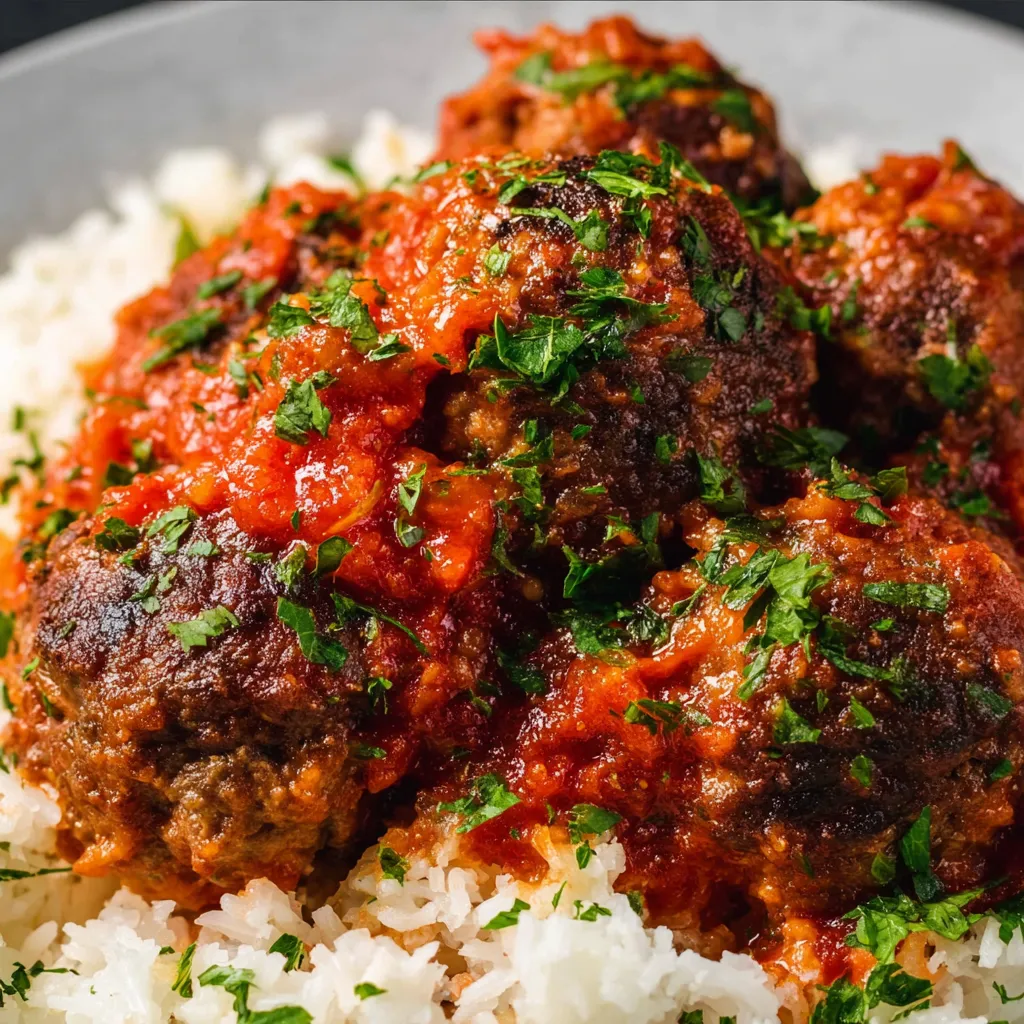 A plate of meatballs with rice.
