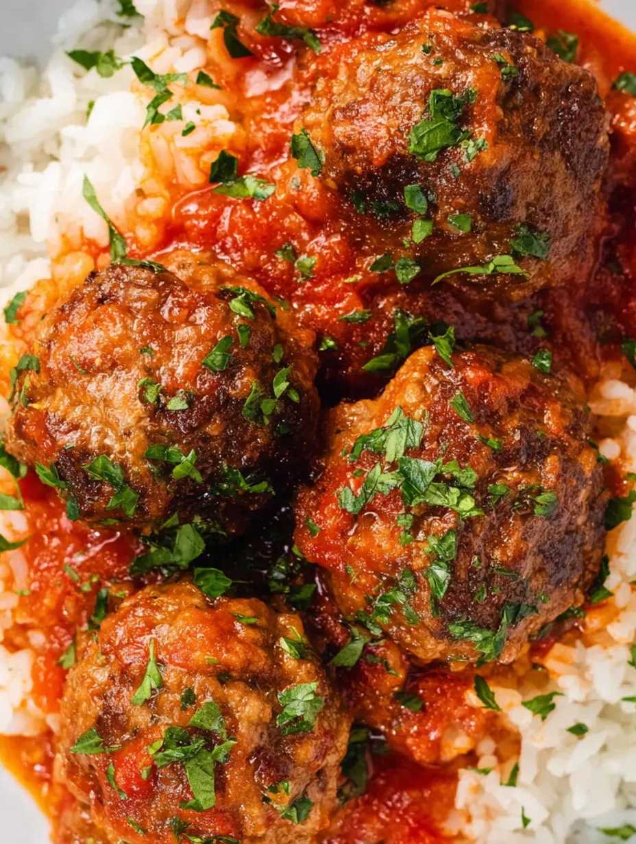 A plate of meatballs with sauce and green herbs.