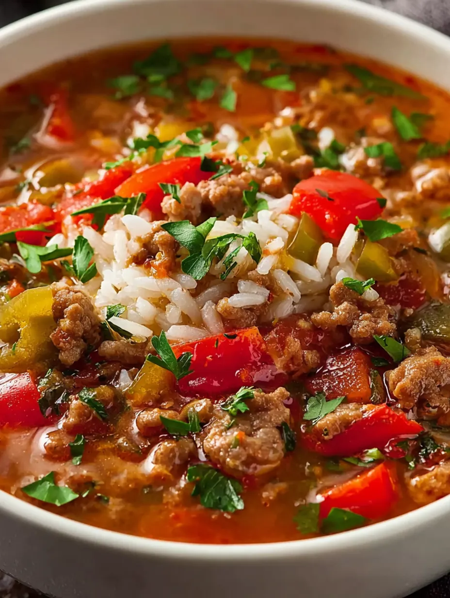 A bowl of stuffed pepper soup with rice and meat.