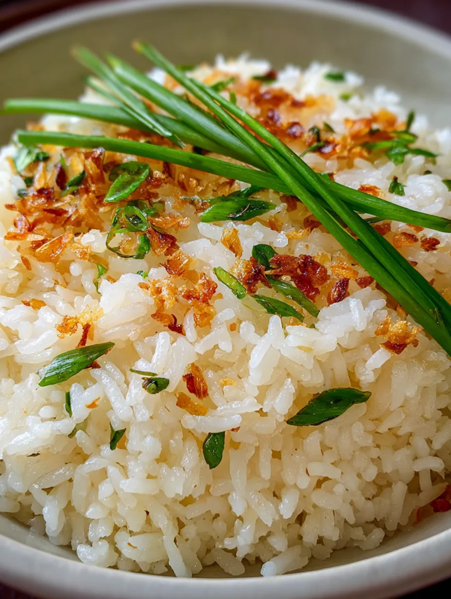 A bowl of garlic fried rice with green onions on top.
