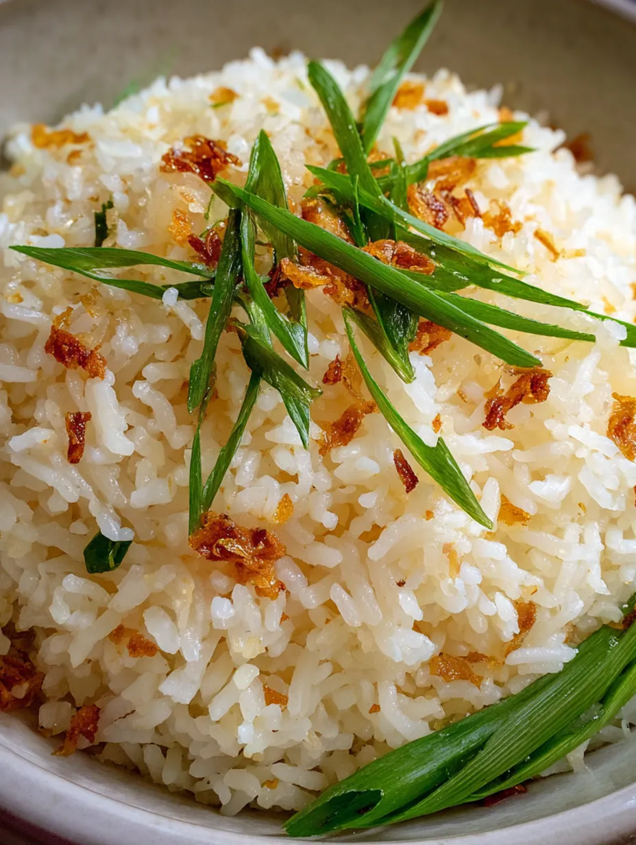 A plate of garlic fried rice with green onions.