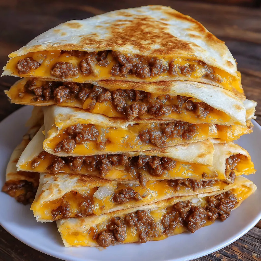 A stack of bacon cheeseburger quesadillas.