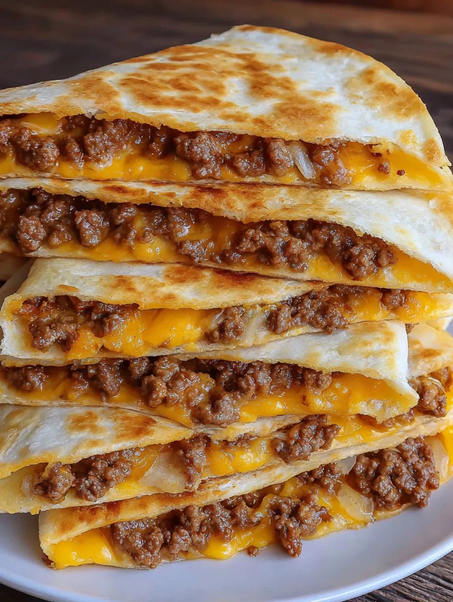 Bacon cheeseburger quesadillas stacked on top of each other.