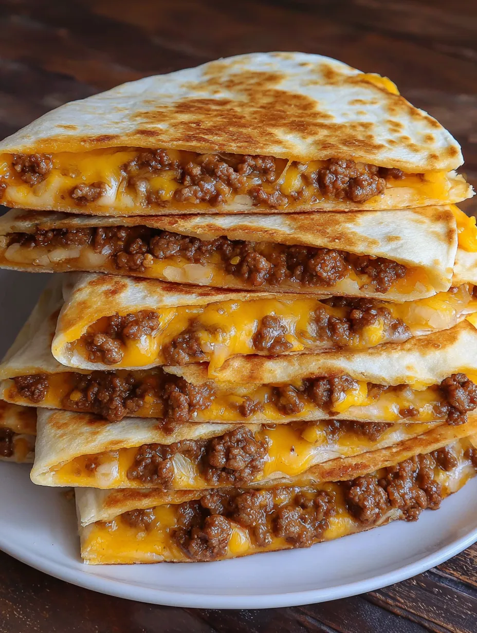 A stack of bacon cheeseburger quesadillas.
