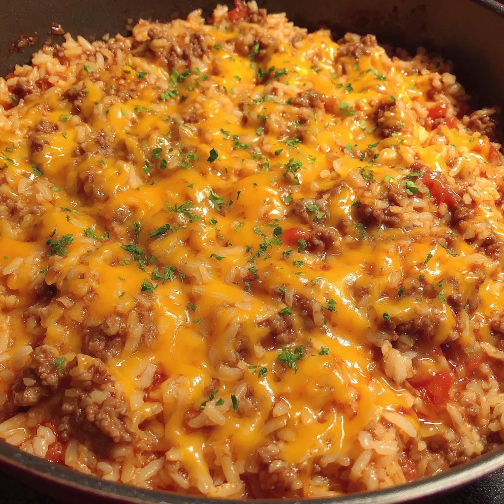 A close up of a one pot bacon cheeseburger rice.