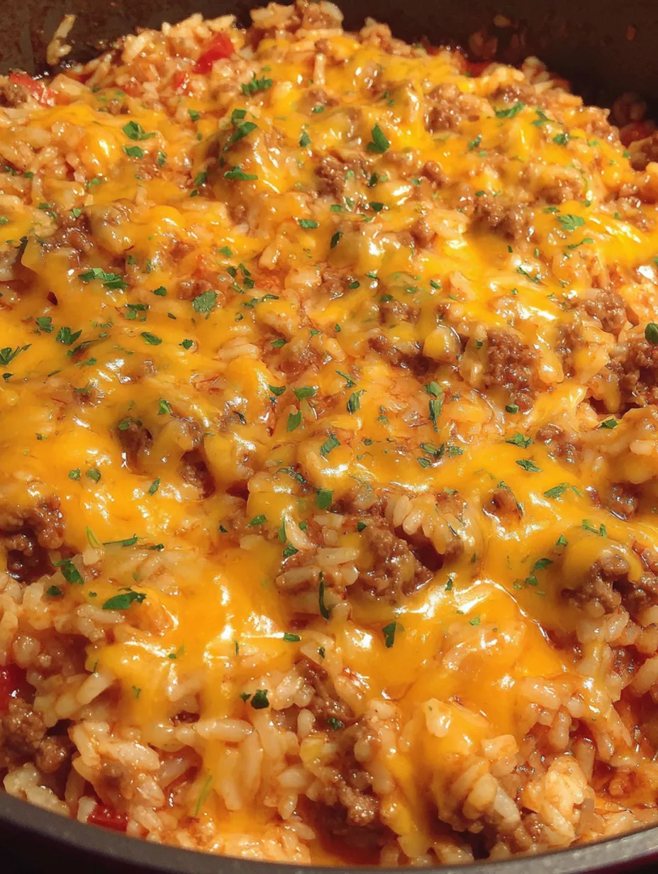 A close up of a delicious bacon cheeseburger rice dish.