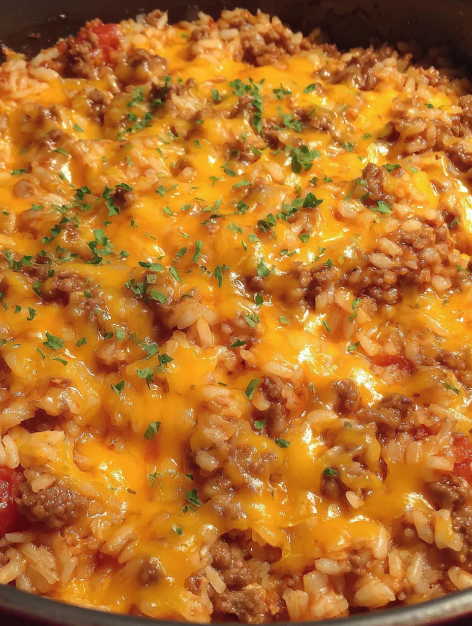 A close up of a one pot bacon cheeseburger rice.