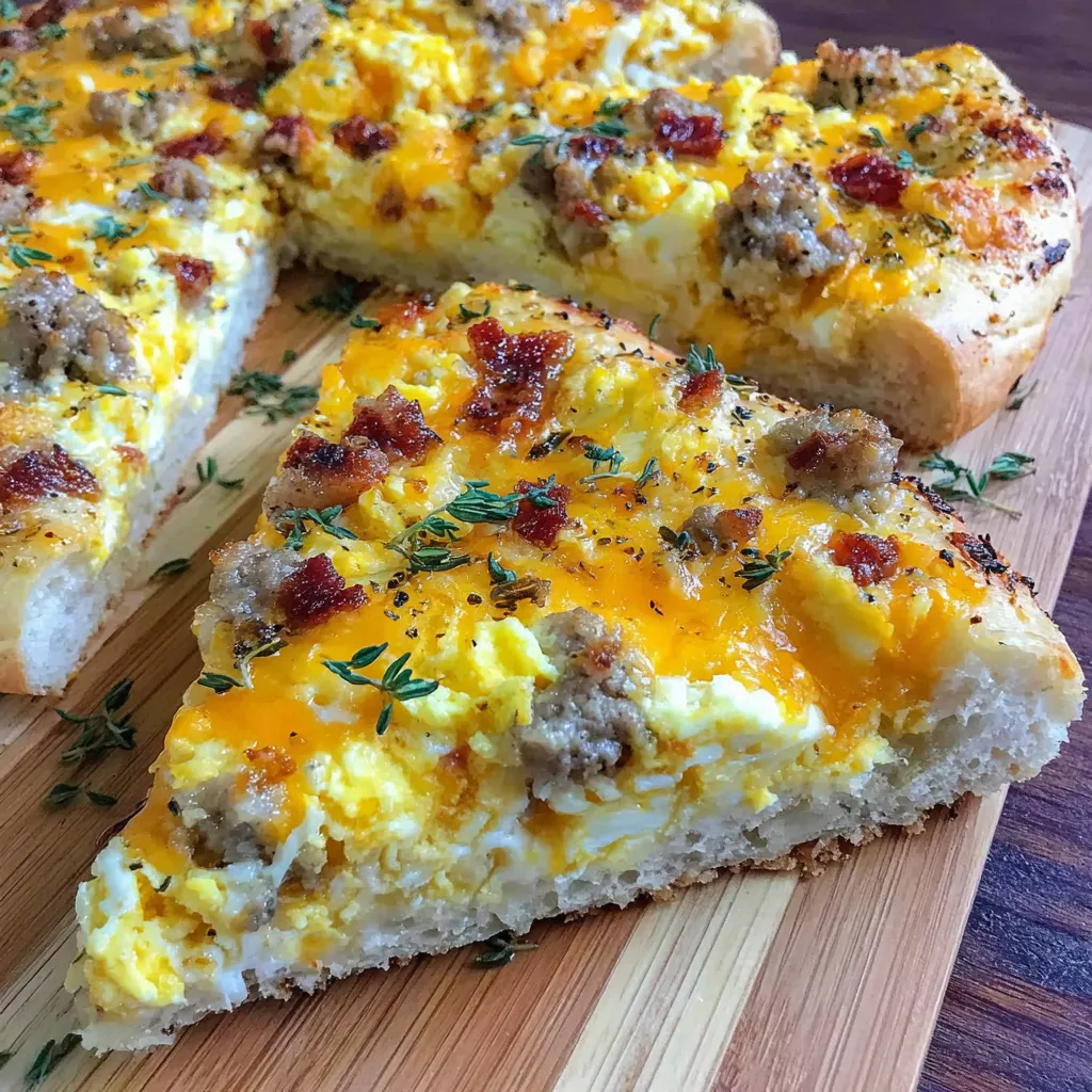 A slice of breakfast pizza with sausage, bacon, and eggs.
