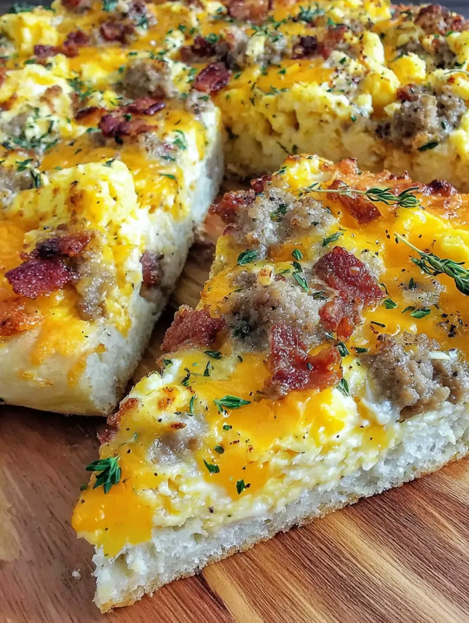 A slice of breakfast pizza with sausage, bacon, and eggs.