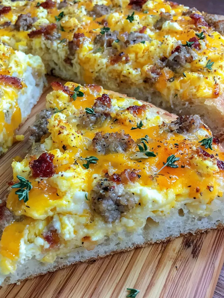 A slice of breakfast pizza with sausage, bacon, and eggs.