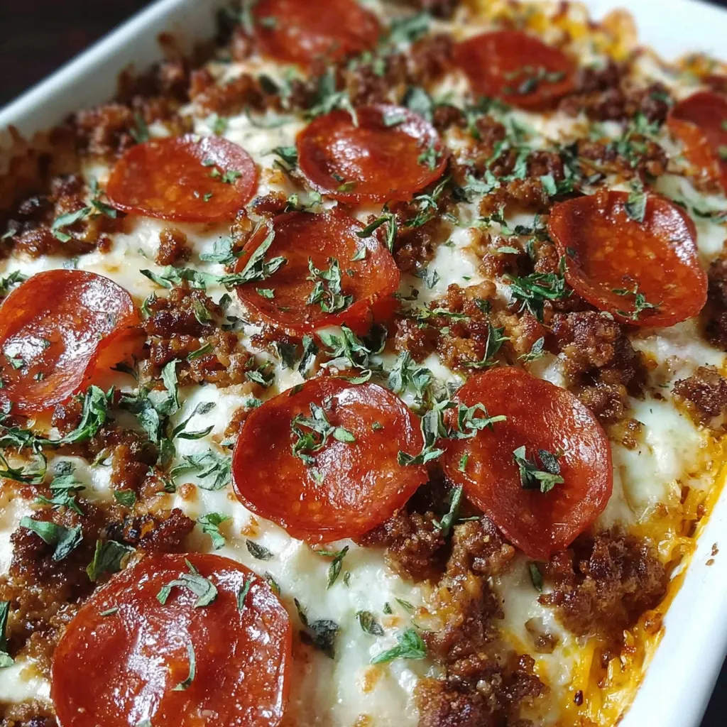 A cheesy baked pizza dip in a white bowl.
