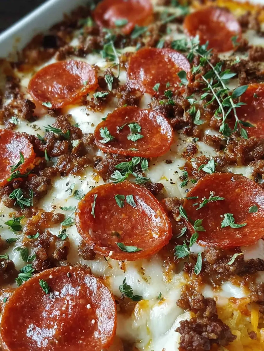A close up of a cheesy baked pizza dip.