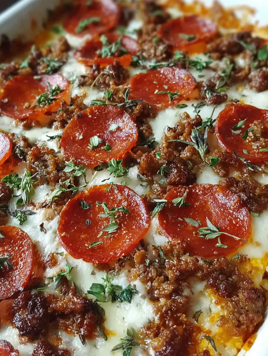 A close up of a cheesy baked pizza dip.
