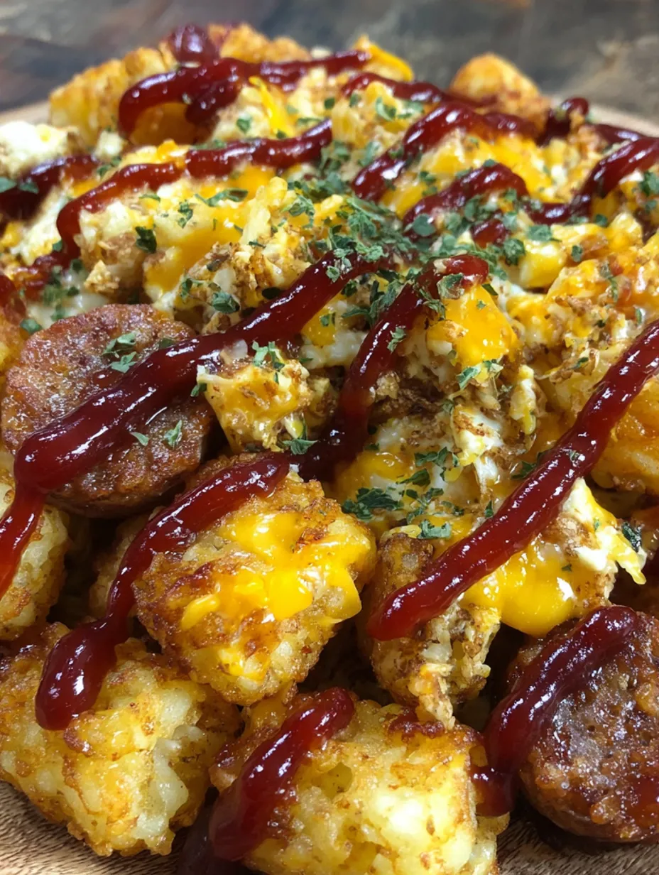 A plate of cheesy tater tots with BBQ sausage.