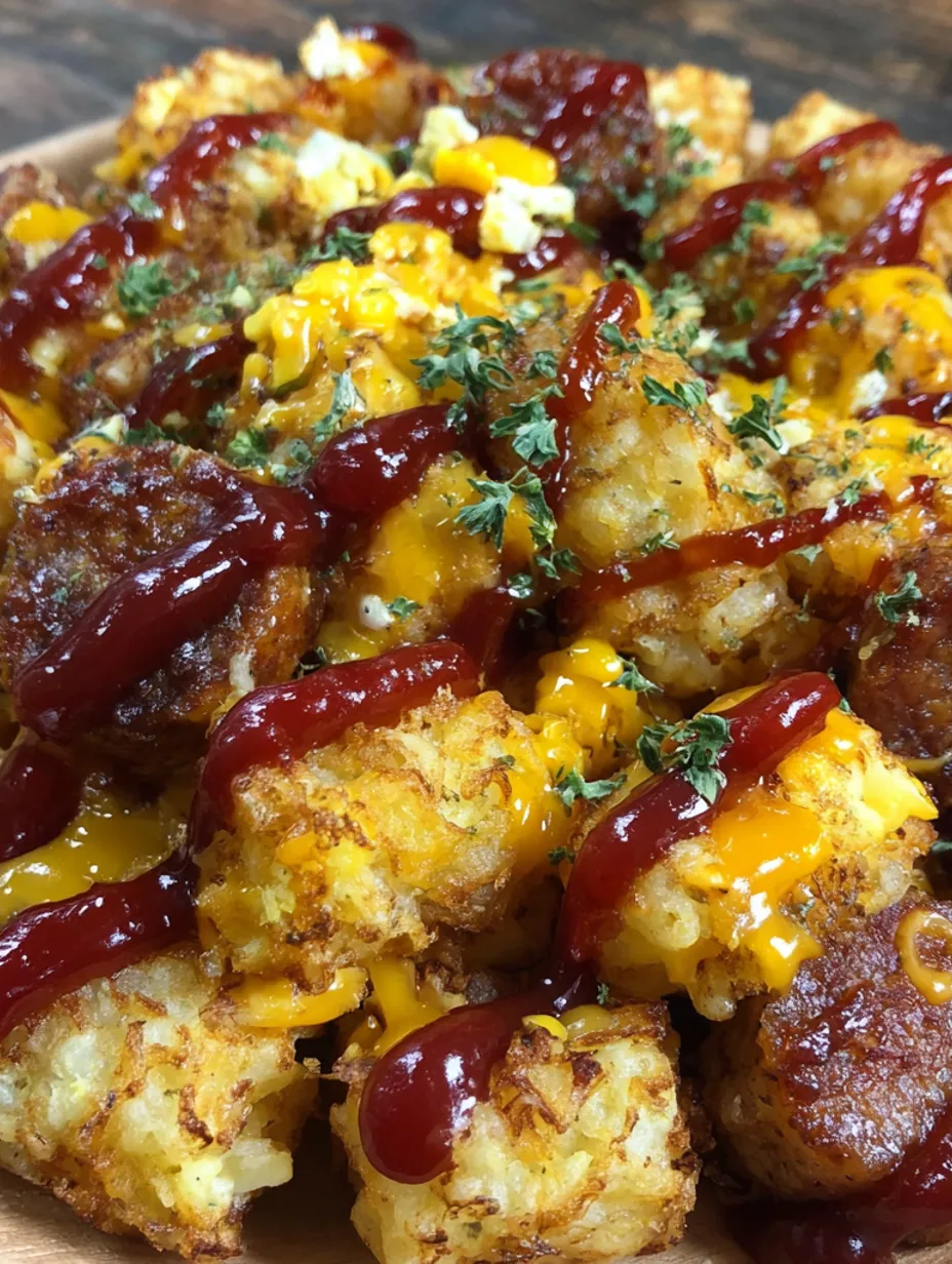 A plate of cheesy tater tots with BBQ sausage.