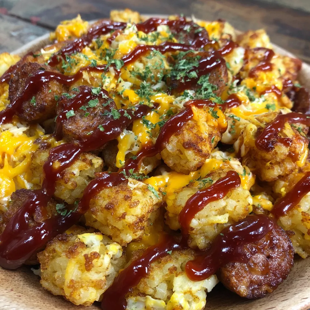 A plate of cheesy tater tots with BBQ sausage.