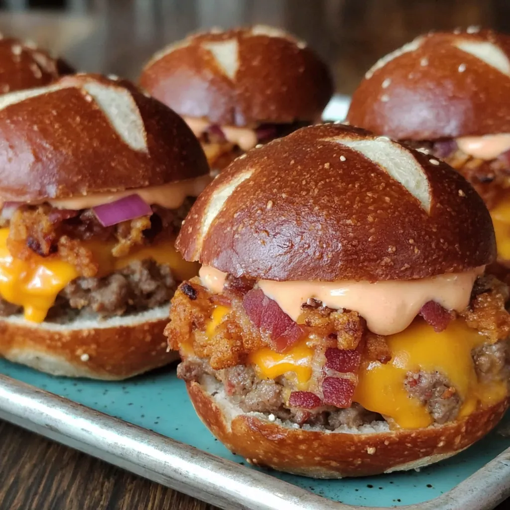 Bacon cheeseburger pretzel sliders.